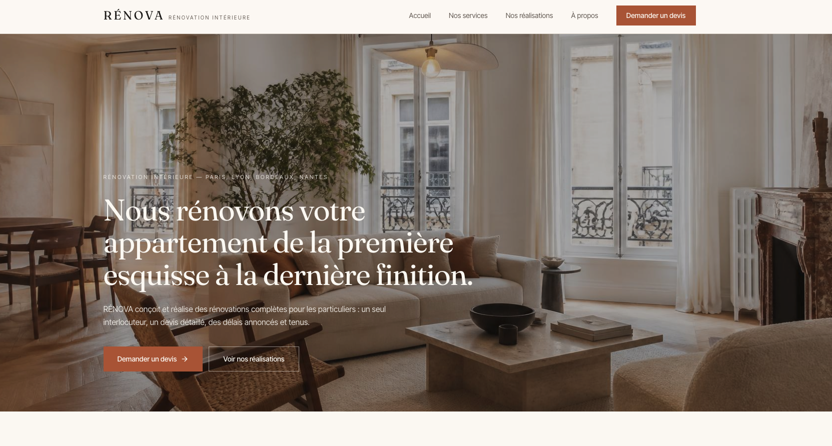 Page d'accueil du site RÉNOVA générée avec Lovable