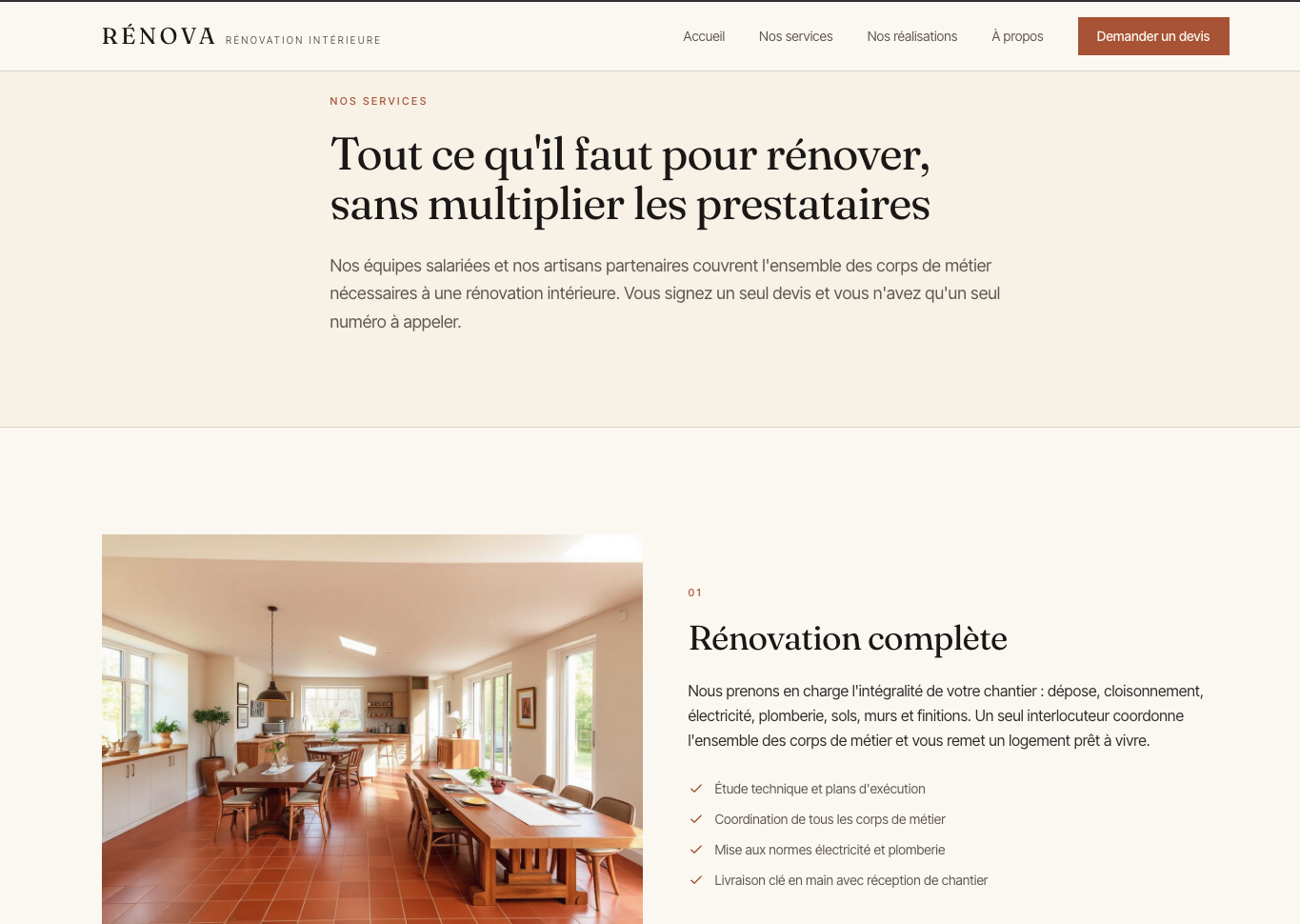 Services et réalisations du site RÉNOVA créé avec Lovable
